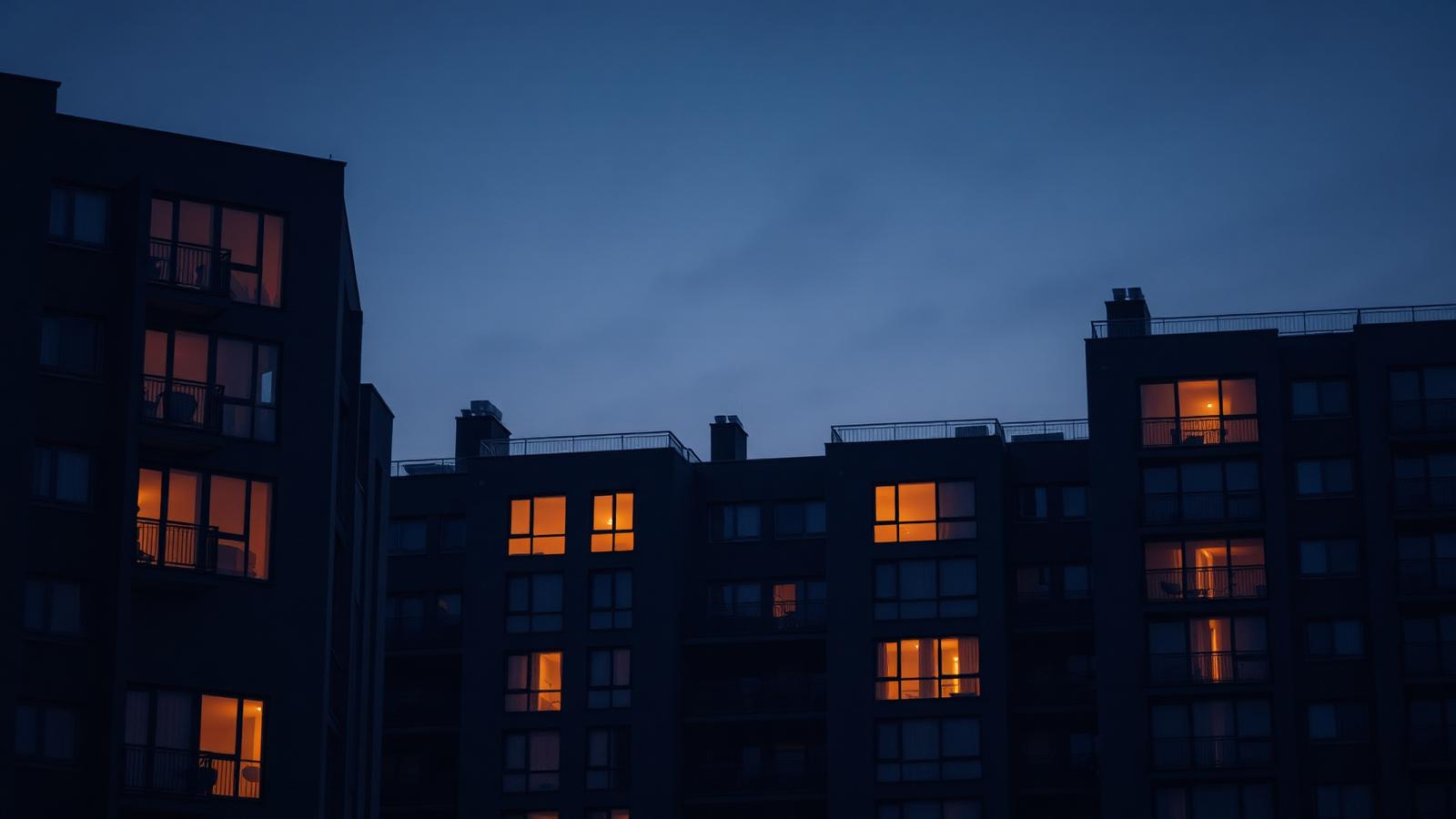 Completed modern apartment building at dusk with warm interior lights