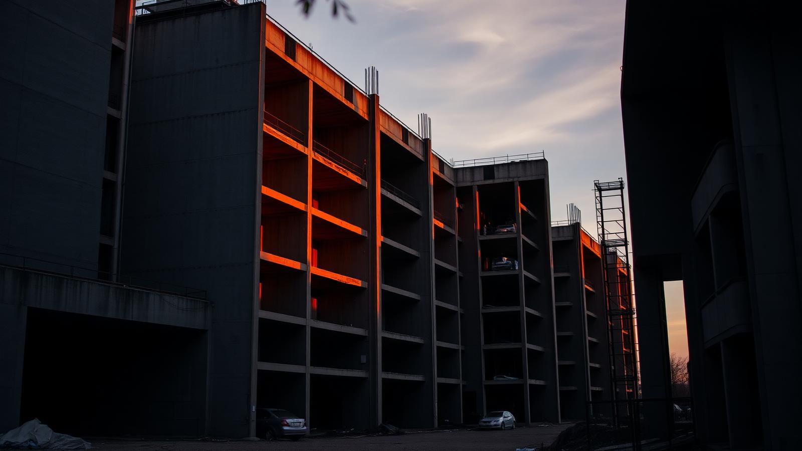 Modern residential building under construction at dusk