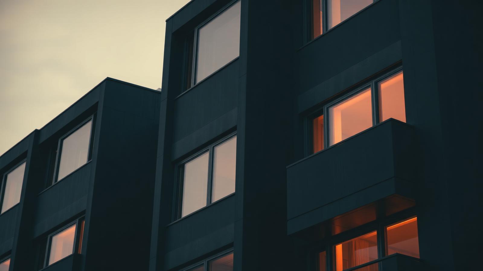 Warm-lit modern apartment facade at dusk