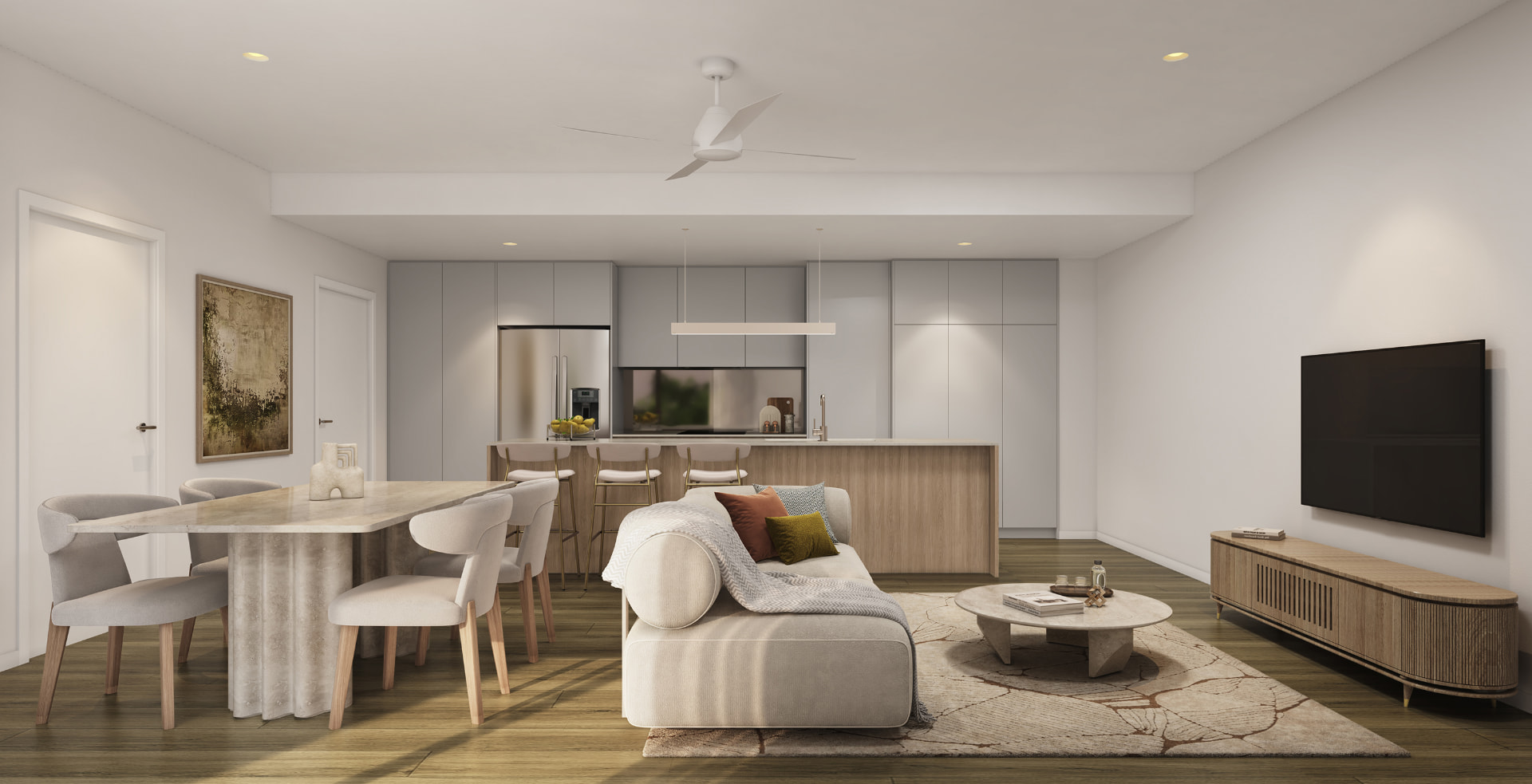 Lorimer living and dining with modern kitchen