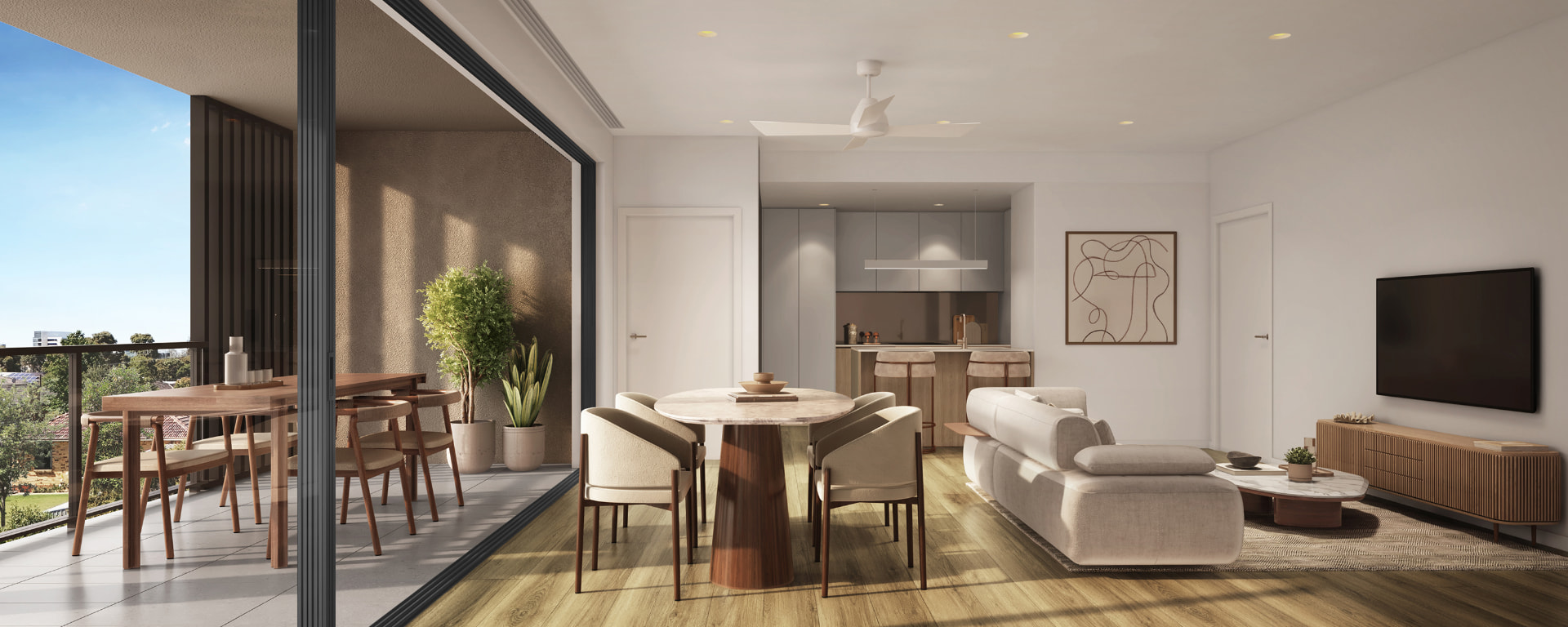 Lorimer living and dining with balcony outlook