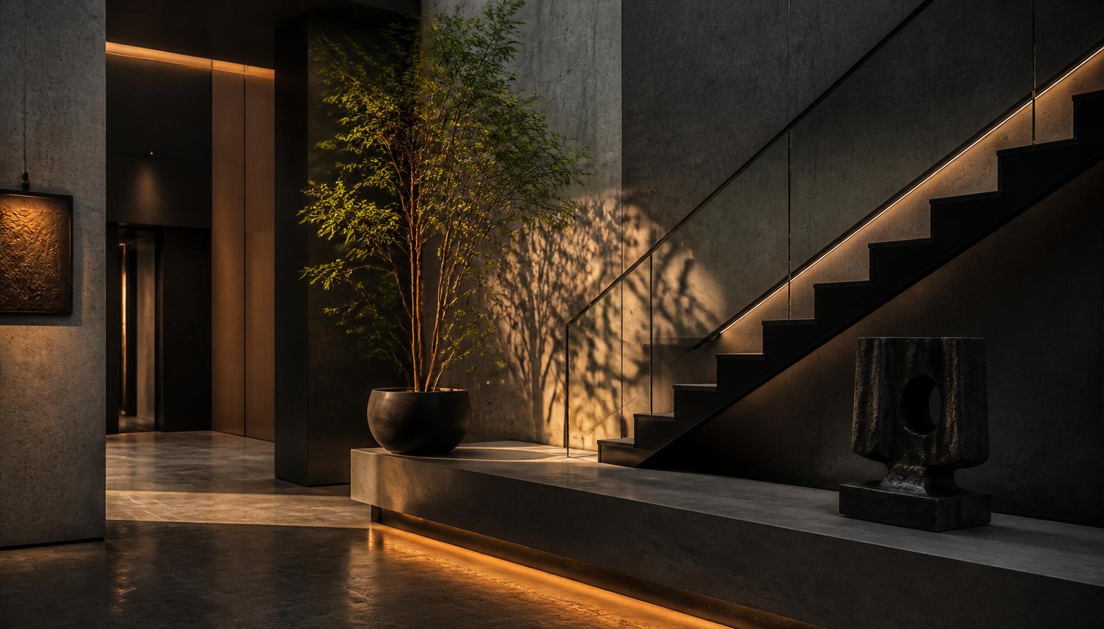Modern architectural detail in charcoal and warm ochre