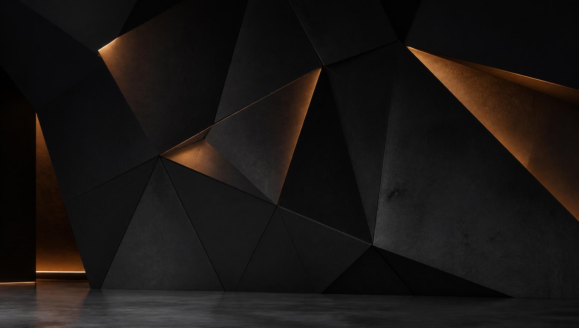 Geometric architectural facade in charcoal and rusty ochre